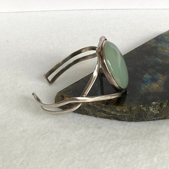 Sterling Silver 925 Large Oval Green Chalcedony Split Band Cuff Bracelet Sz 8" - Picture 4 of 16